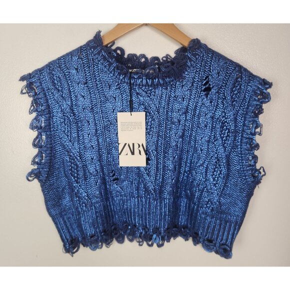 Zara Tops - Zara Women's Sz. S Metallic Cropped Oversized Blue Sweater NWT